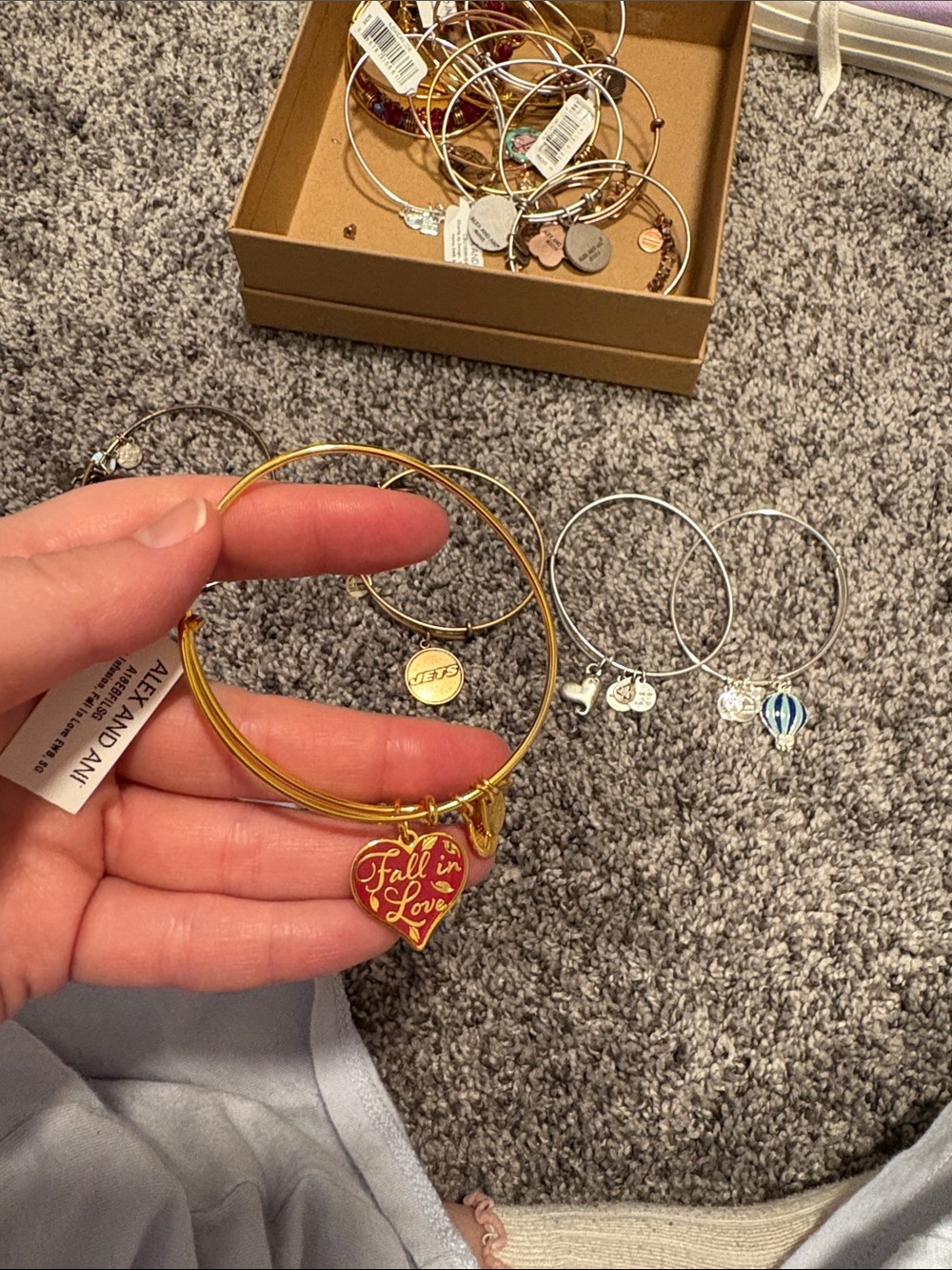 Alex and Ani Gold Tone Bangle with Red 'Fall in Love' Heart Charm